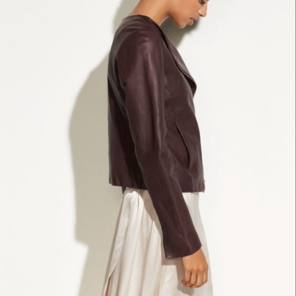 VINCE Asymmetric Zip Lamb Leather Black Cherry Biker Jacket (Women's Small) - Picture 2 of 6